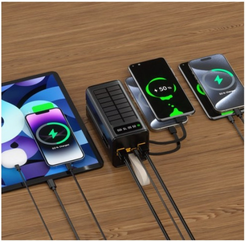 CCAGU 대용량 보조배터리 60000mAh 고속충전 태양광충전기 일체형 보조밧데리 멀티단자 차박 캠핑용 LED조명등