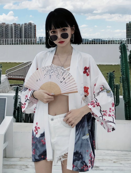 우아한 빈티지 크레인 프린트 기모노 가디건